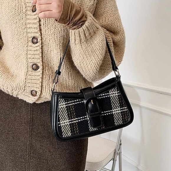 Neiman Marcus Houndstooth Fall Color Black Plaid Striped Handbag - Picture 2 of 4